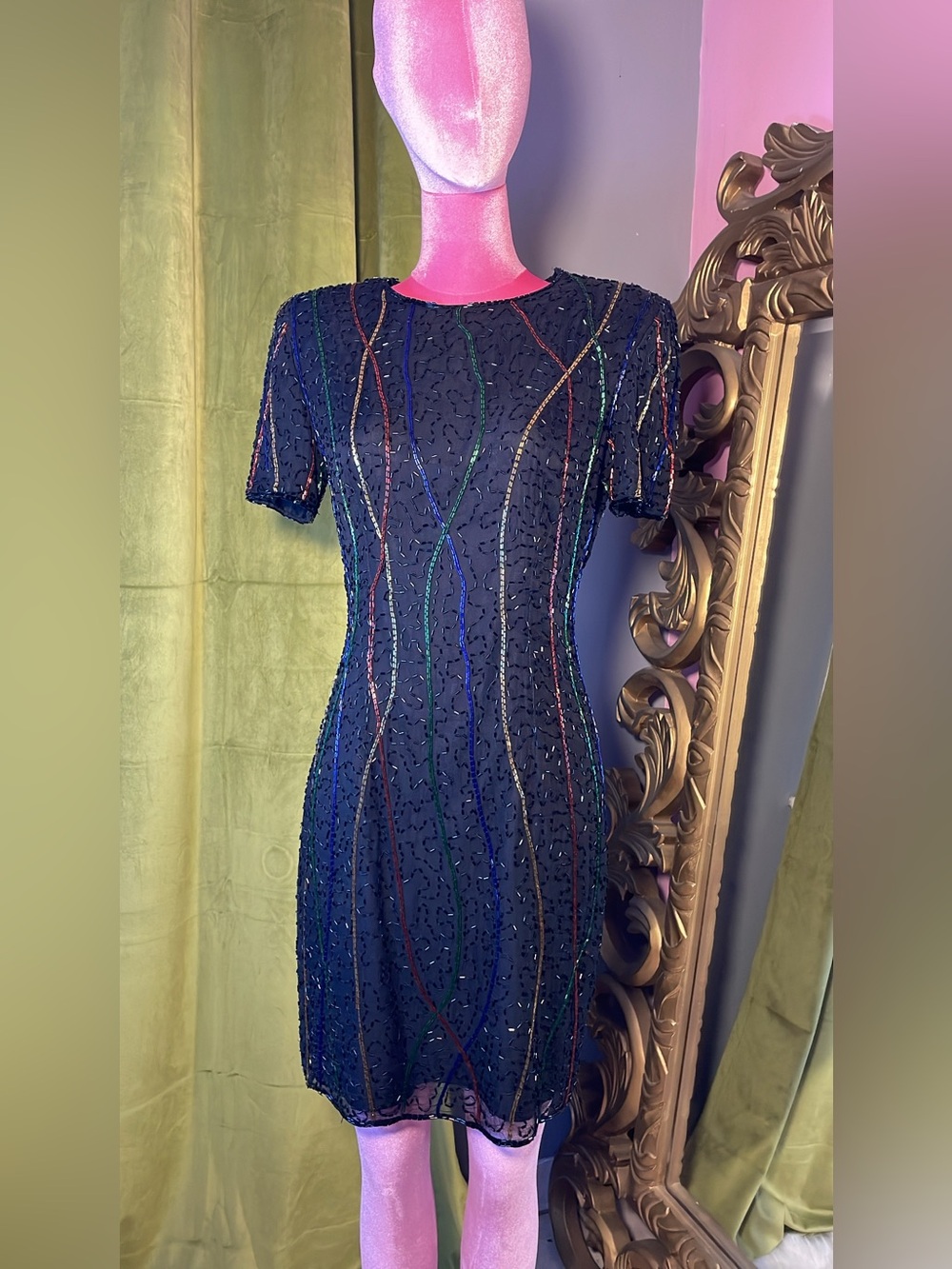 Styleworks Beaded Black Short Sleeve Cocktail Dress